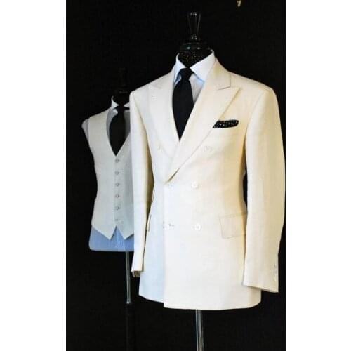 2021 Double Breasted Ivory Men Suits For Wedding Custom Made Prom Groom Party Wear Men Suit Tuxedo ropa hom (Jacket+Pants+Vest)