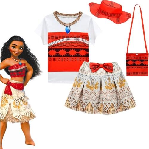 2021 new cartoon Moana Kids Girls Clothes Cosplay Princess Dress Children Vaiana Girls Party Costume T-shirt Dresses bag hat