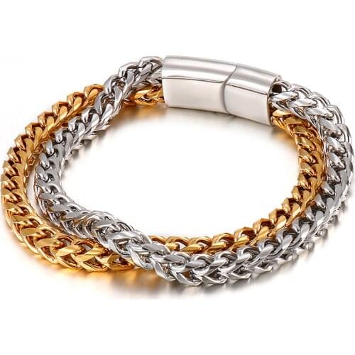New Fashion Mens Bracelet Chain Polished Stainless Steel Silver Gold Color Two-row Chains Bracelet for Men Figaro Link
