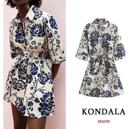 KONDALA Za 2021 Vintage Chic Floral Mini Shirt Dress Short Sleeve Bow Sashes A-Line Summer Dress Elegant Stylish Mujer Vestidos