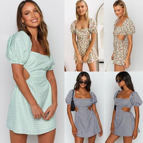 Dress Women Plaid Print Square Sleeve Backless Bandage Short Sleeve Sexy Dress Summer Beach Holiday Vestidos Mujer