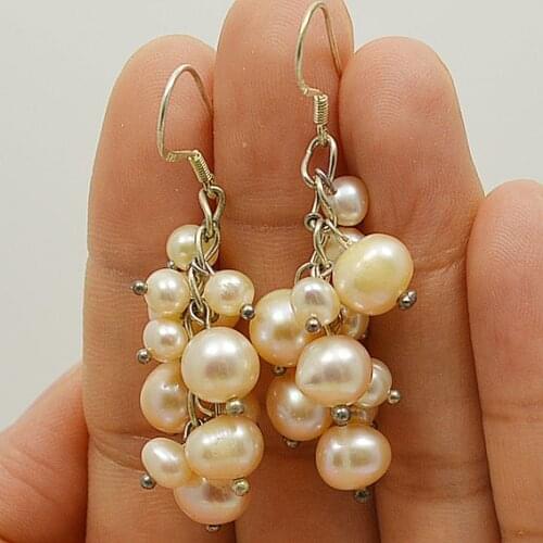 Freshwater pearl earrings,cluster grape pearl earring,925 sterling silver hook,4-9mm Natural pink color real pearl jewelry