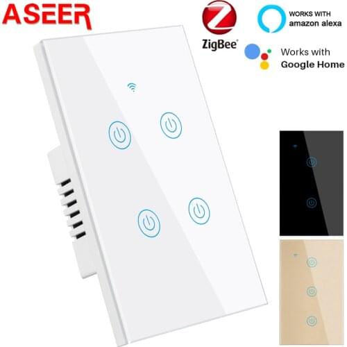 ASEER Tuya Zigbee Smart Switch with Glass Panel 1-2-3-4 US Standard Touch Light switch,APP Remote Control ,Alexa Google Home