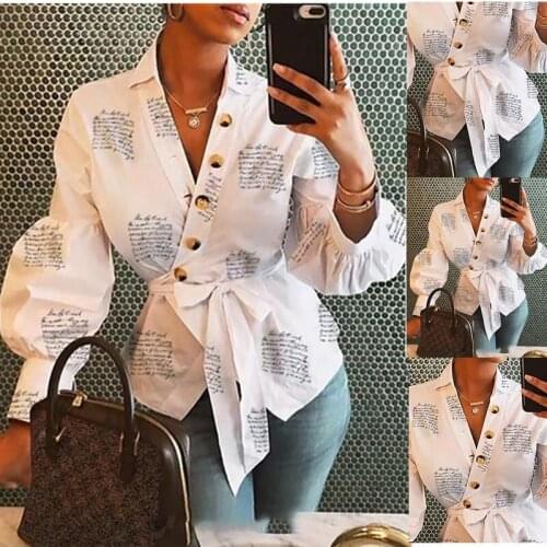 2021 Spring Autumn Sexy Deep V Neck Button belt Bandage Women Shirt Casual slim solid Letter Print Long Sleeves lady shirts Tops