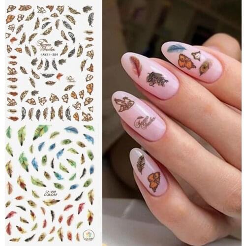 Retro european sketch deciduous feather 3d nail art sticker nail decal stamping export japan designs rhinestones decorations