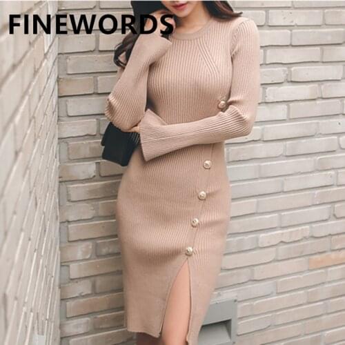 FINEWORDS Vintage Winter Khaki Knitted Bodycon Dress Button Split Sexy Skinny Sweater Dress Long Sleeve O Neck Knitting Dresses