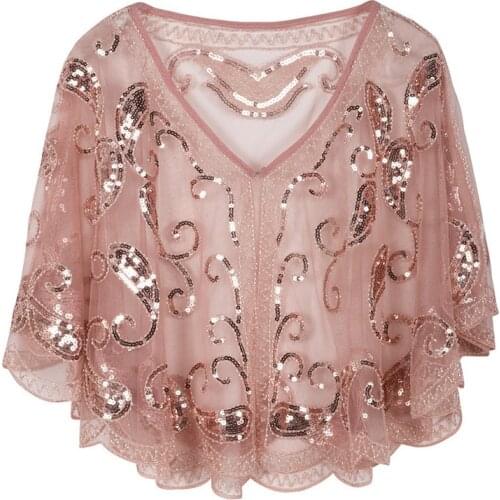 Vintage 1920s Black Mesh & Sequin Flapper Capelet Pink/Beige/Apricot/Rose