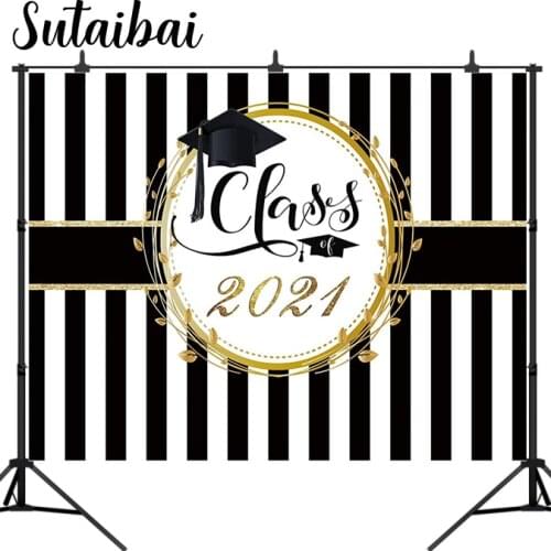 Graduation Party Backdrop Class of 2021 Black and White Stripes Photography Background Congrats Grad Prom Decorations Studio