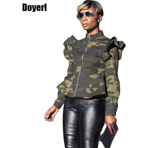 Plus Size Army Green Camouflage Bomber Jacket Women Streetwear Long Sleeve Ruched Zipper Slim Short Coats and Jackets Outerwear