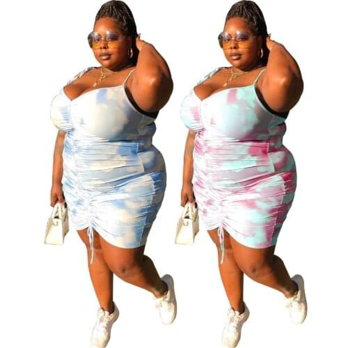 Tie-dye Printing Women Plus Size Dresses 2021 Summer Sleeveless Shirring Lace-up Spaghetti Strap Bodycon Backless Beach Dress