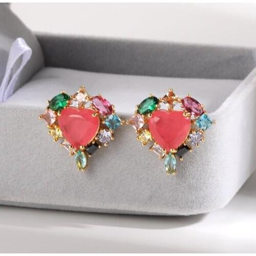 Pink Crystal Heart Shaped Stud Earring For Women Zircon Luxury Wedding Jewelry Rhinestone Earrings Birthday Gift