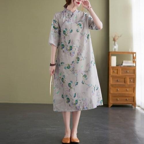 Women Cotton Linen Casual Dress Neew 2021 Summer Chinese Style Vintage Print Loose Ladies Elegant A-line Long Dresses B722