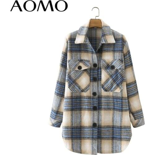 AOMO Women Blue Plaid Thick Woolen Coats Jacket Oversized Pocket 2021 Ladies Elegant Autumn Winter Coat 2M142A