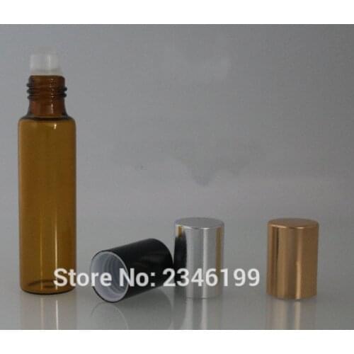 5ML 5G Dark Brown Roll on Bottle With Gold Silver Black Cap Glass Bead Metal Steel Bead, Essential Oil Bottle, 100 Pieces/lot