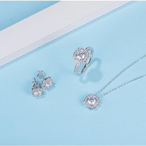 925 Sterling Silver Earrings Necklace Ring Jewelry Set Round Moissanite for Women Wedding Party Gifts