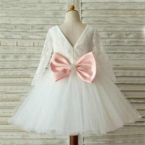 Customized White Baby Girl Dress Long Sleeve Puffy Tulle Big Bow Tutu Infant Kid Clothes Children Birthday Party Gown