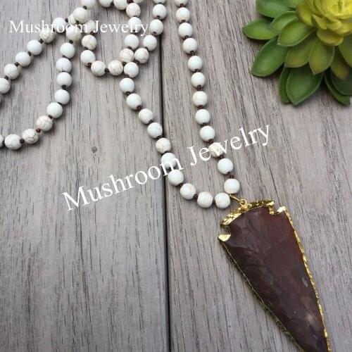 Boho Chic Jasper Arrow Necklace Long Pendant Necklace Hand Knotted Turquoises Necklace