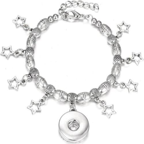 Hot Sale 5pcs/lot Cross Bead Snap Buttons Bracelet Adjustable 18mm Metal Snap Button Bangles With Star Charms DIY Jewelry