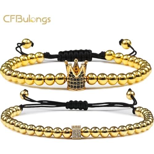 CFBulongs Fashion Micro Pave CZ Crown Helmet Hand Woven Bracelet Antique Silver Color Beaded Adjustable Mens Bracelet