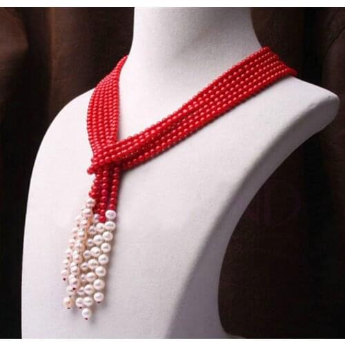 Wonderful 4mm red coral and 7-8mm white freshwater pearl necklace 3 strand 50"
