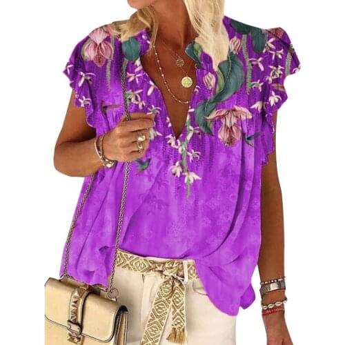 Flower Print Sexy V-neck Short Sleeve Shirt Women Summer Patchwork Loose Tops And Blouses Plus Size Casual Streetwear Shirts