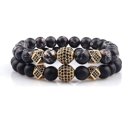 GVUSMIL2 Pcs/set White Black Lava Stone Beads Bracelets Couple Imperial Healing Balance Bracelet Jewelry Gift for Lover Women M