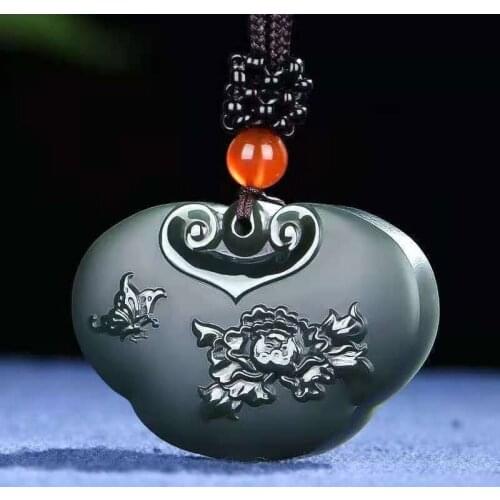 Natural Hetian Jade Qingyu Ruyi Lock Pendant Hand-carved Flowers, Wealth, Fortune and Fortune Necklace Can Be Worn By Both Men a