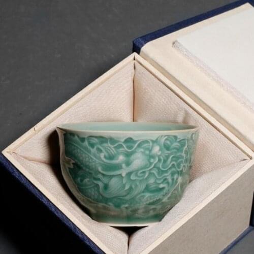 PINNY 85ML Ceramic Embossed Dragon Teacups Celadon Kung Fu Master Cup Traditional Chinese Heat Resistant Drinkware