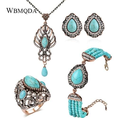 Kinel Luxury Blue Stone Vintage Wedding Jewelry Stes Fashion Gold Antique Rings Earring Bracelet Necklace For Women Crystal Gift