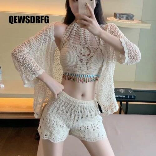 Sexy Crochet High Waist 3PCS Women Sexy Bikini Set Crop Top With Coat Swimsuit Casual Swimwear Bathing Beachwear Tankinis Set
