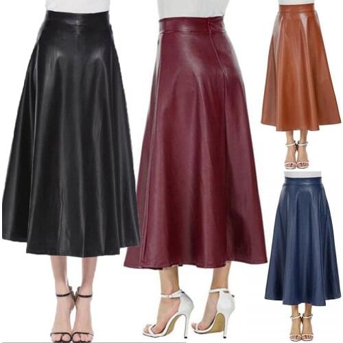 Fashion Women Solid Color Faux Leather High Waist Zipper Large Swing Long Skirt
