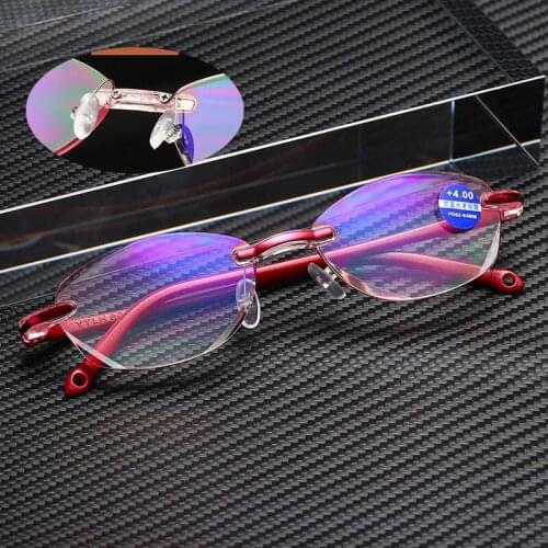 New Rimless Anti Blue Ray Reading Glasses Lady Women Diamond Cutting Oval Reading Presbyopia Glasses Female +1.0 to +4.0