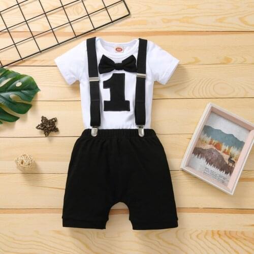 Baby Boy Clothes One Year Birthday Newborn Toddler Baby Boys 1st Letter Gentleman Birthday Romper Straps Shorts Baby Boy Outfits