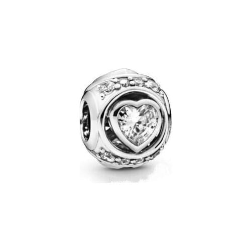 Genuine 925 Sterling Silver Charm Elevated Heart Charm Beads Fit Women Pan Bracelet & Necklace Jewelry