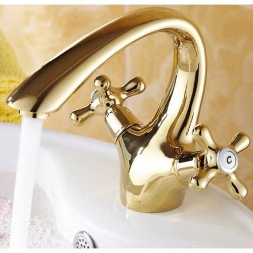 Luxury Gold Color Polished Chrome Brass Dual Cross Handles Bathroom Vessel Sink Basin Faucet Mixer Taps anf117