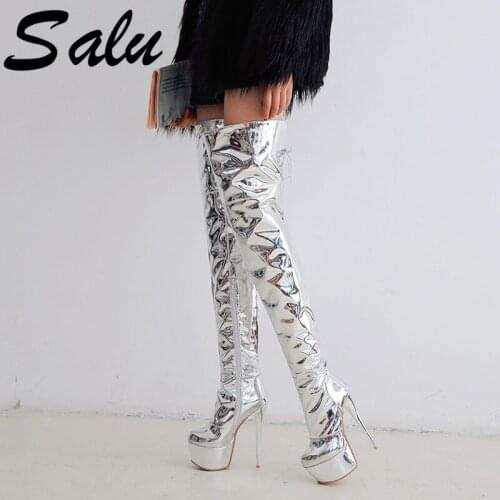 Salu Womens Shining Silver Thigh Boots Super Sexy Thin High Heel Platform Boots Zipper Winter Warm Female Shoes Size 47 48