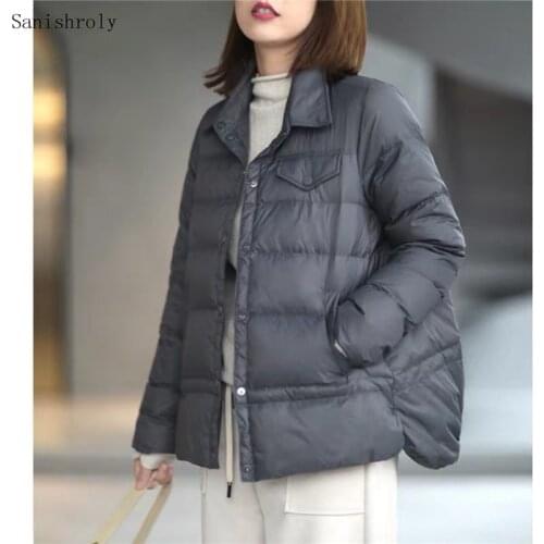 Autumn Winter Fashion 90% White Duck Down Coat Women Casual Loose Warm Down Jacket Female Shirt Collar Pockets Parkas Short Tops