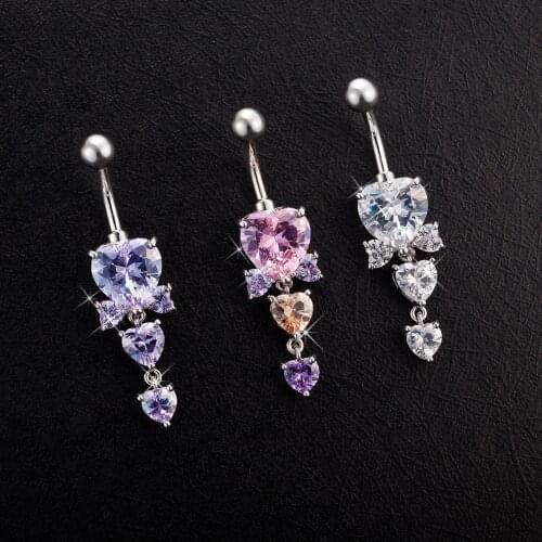 1PC Stainless Steel Fashion Women Full Rhinestone Heart Shape Belly Botton Ring Navel Piercing 14G Dangly Belly Button Rings