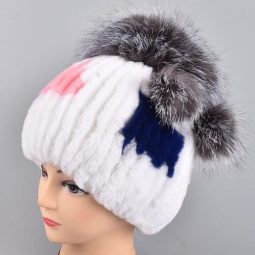 Winter women luxury rex rabbit fur Silver Fox fur hat Rex Rabbit Fur Hat Womens Knit Beanie Cap with Fox Fur Ball Pompom Top