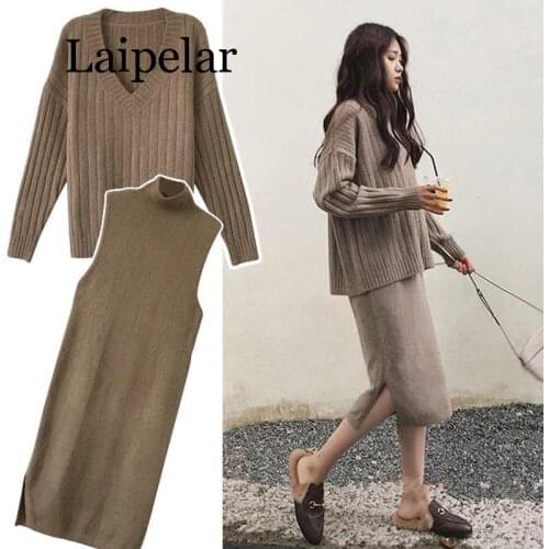 Plus Size 4XL Winter Women Set Long Sleeve V Neck Pullover And Sleeveless Long Split Sweater Dress Solid Warm Knitted Skirt Set
