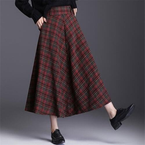 Neophil 2021 Winter Plus Size Red Plaid Wool Pleated Midi Skirts High Wasit England Style Woolen A-Line Flare Mujer Faldas S92D9