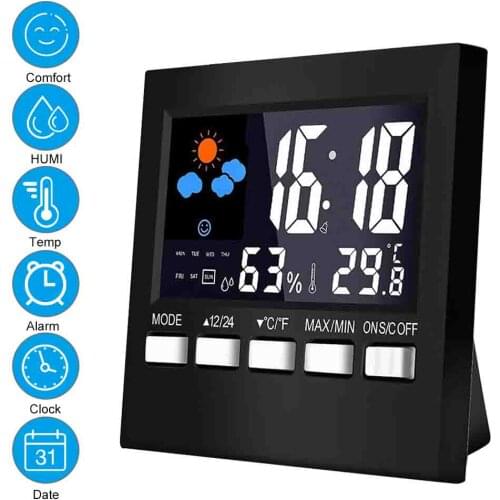 LCD Digital Weather Station Household Temperature Humidity Meter Alarm Clock with Time Dates Weather Forecast Backlight