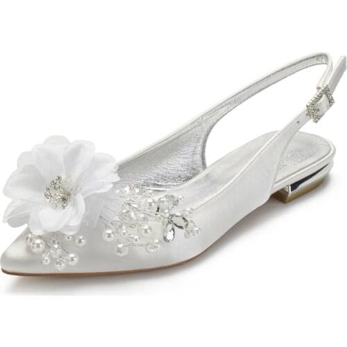 Creativesugar open toe satin dress flats with pearls flower bridal wedding prom shoes white ivory slingback shoes sweet lady