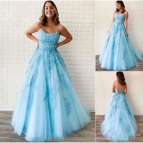 Elegant A-Line Long Lace Prom Dresses Criss Cross Back Floor Length Sky Blue Tulle Robe De Soiree Pleated Formal Party Gown