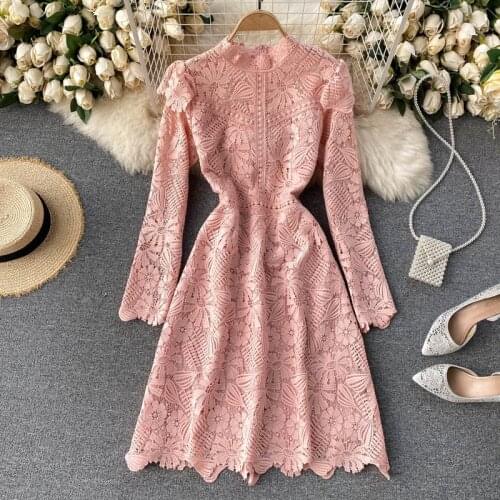 Foamlina Fashion Spring Autumn Long Sleeve Lace Dress Women Elegant Korean Style O-neck Pink Dress Hollow Out A-line Party Dress