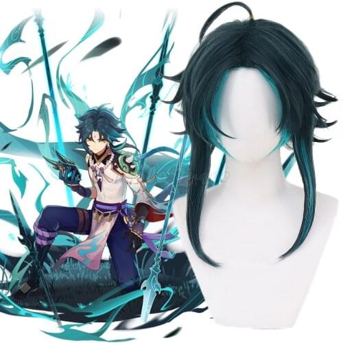 Genshin Impact Xiao Cosplay Wig Mixed Dark Green Blue Short Heat Resistant Hair Adult Women Halloween Role Play Wig C30M151