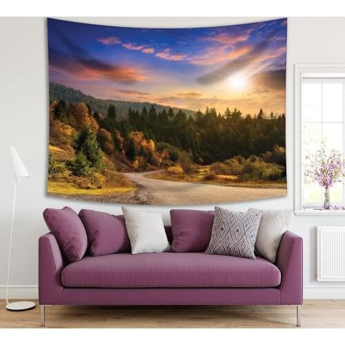 Tapestry Autumn Mountain Landscape Blue Sky Sun Asphalt Road Passes Through Ever Green Coniferous Shaded Forest Printed