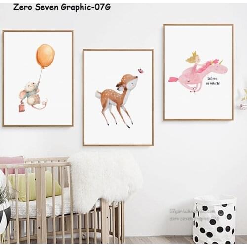 Canvas Painting Lovely Cartoon Animals Flowers Rabbit Panda Unicorn Deer Poster And Print Nursery Wall Art Baby Room Decoration