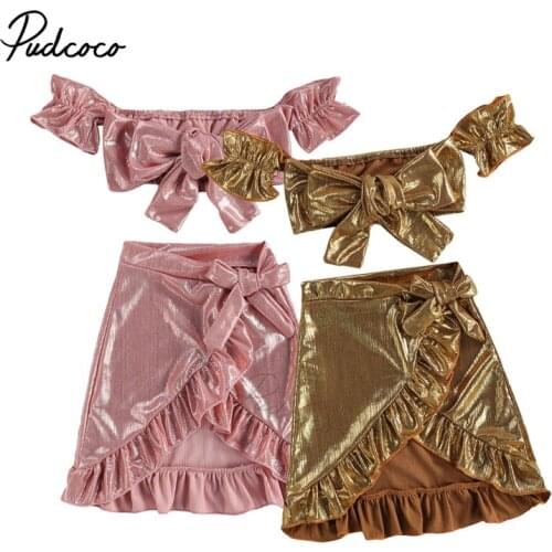 Kids Baby Girls Gold Silk Skirt Set, Sleeveless Off Shoulder Crop Tops with Bowknot Ruffle Skirt Summer Formal Party Ball 1-6T