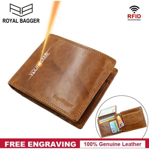 Royal Bagger Short Wallet Men RFID Blocking Crazy Horse Leather Retro Wallets Man Genuine Cowhide Purse Card Holder Business